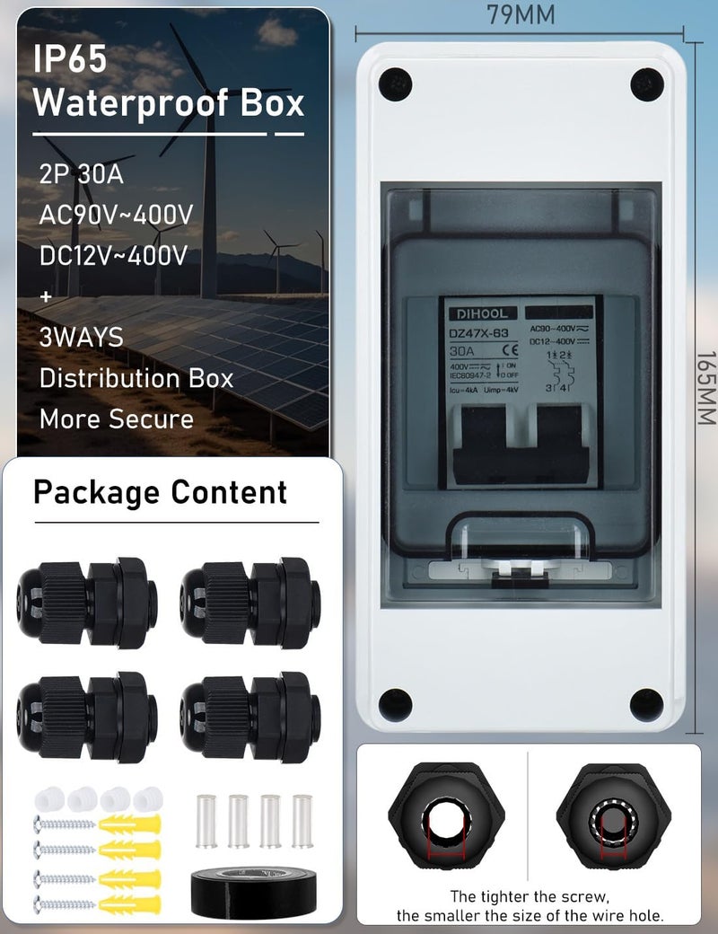 DIHOOL AC DC Circuit Breaker with IP65 Din Box for Solar Systems, 30 Amp 2 Pole 12V-400V, Non Polarized, Solar Panel Disconnect Switch, PV Array Shut Off Isolator - Image 4